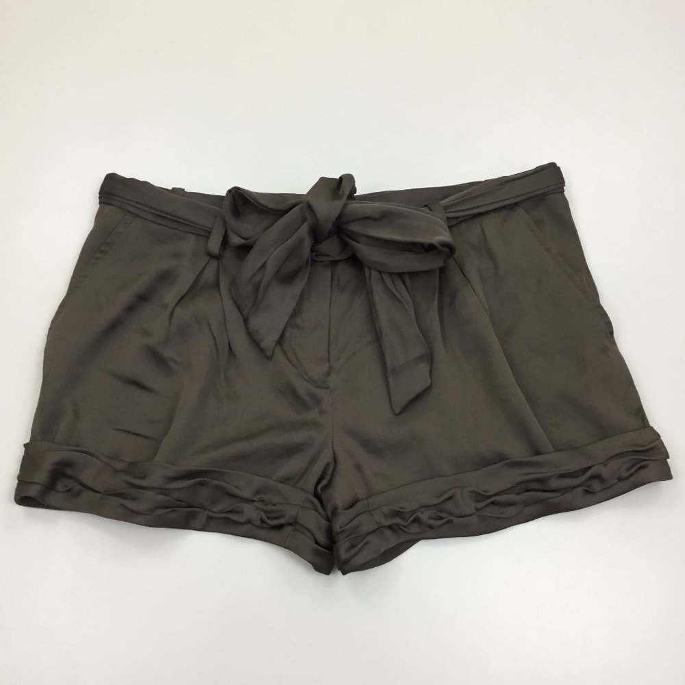 BCBGMAXAZRIA Dusty Olive Sateen Belted Cuffed Ruching Hem Soft Shorts
